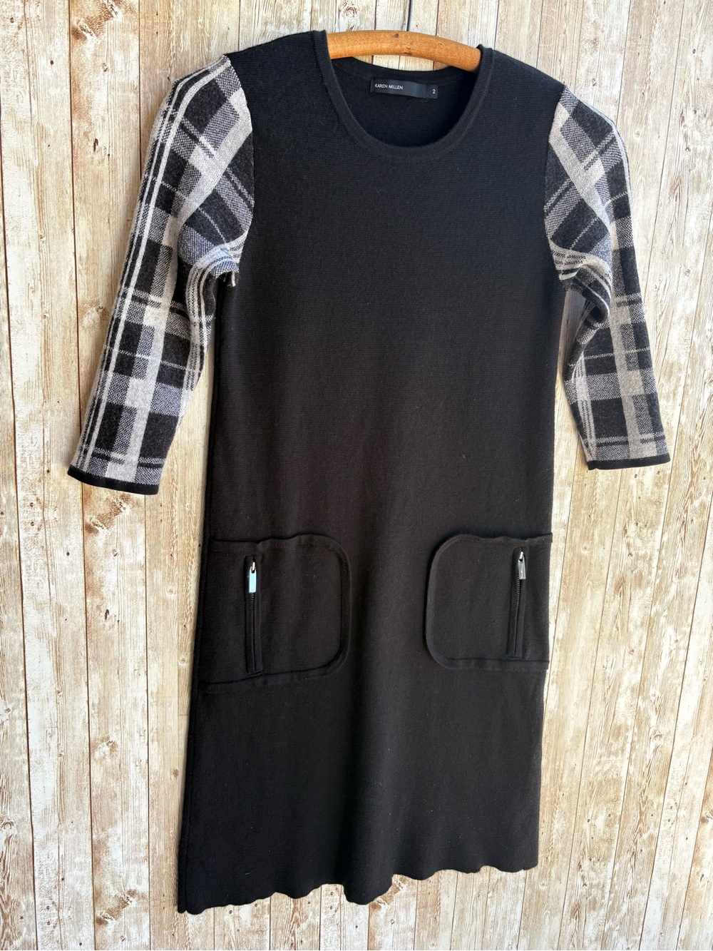 Karen Millen Wool Sweater Dress Plaid Sleeve